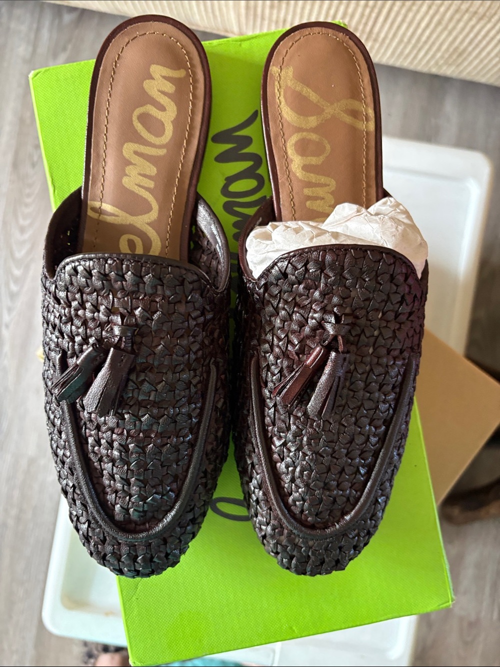 Sam Edelman Woven Tassel Slip-On Mules in Dark Brown